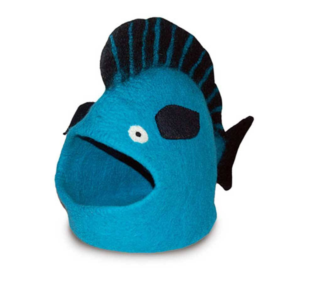 Dharma Dog Karma Cat Turquoise Fish Cat Cave, handcrafted wool cat bed in fish shape, providing comfort and security for cats.