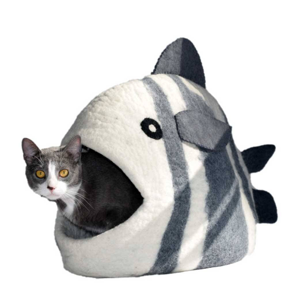 Dharma Dog Karma Cat White Fish Cat Cave, a cozy wool cat bed shaped like a fish, perfect for lounging and snuggling.