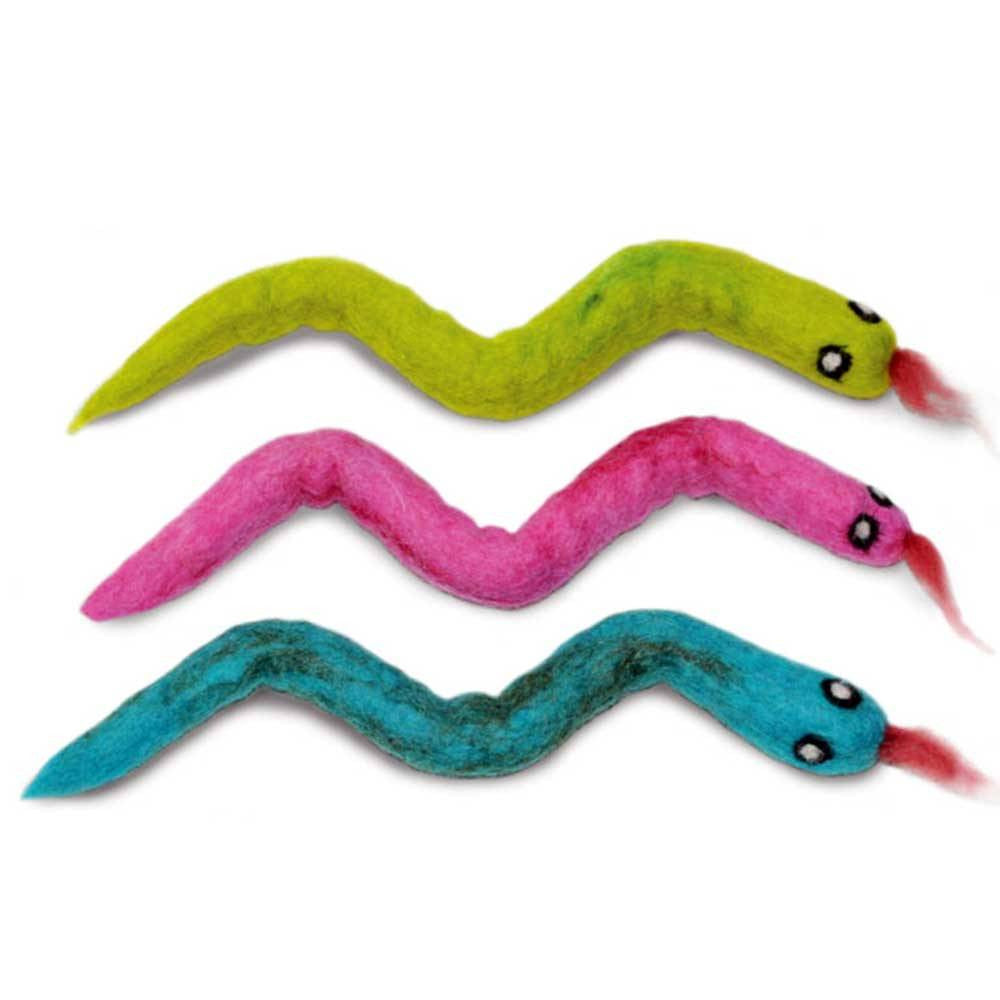 Dharma Dog Karma Pack of 3 Snakes Toys for Cats, handcrafted from natural wool, featuring vibrant colors and a soft texture.