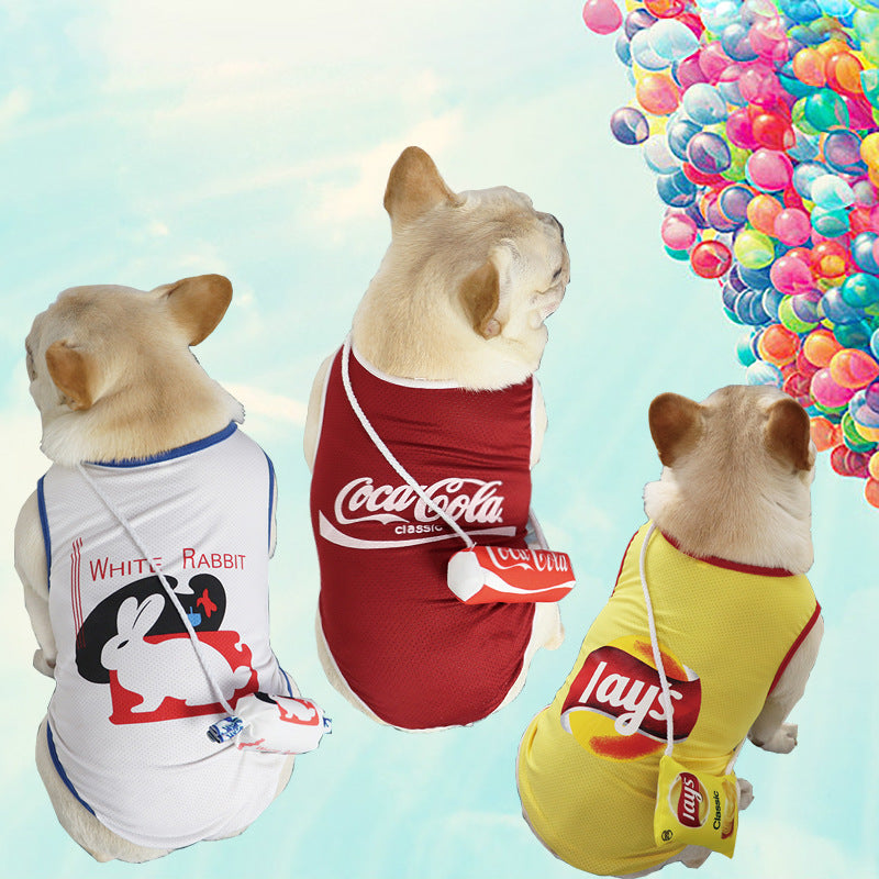 A variety of funny pet costumes displayed on small dogs, showcasing vibrant colors and playful designs.