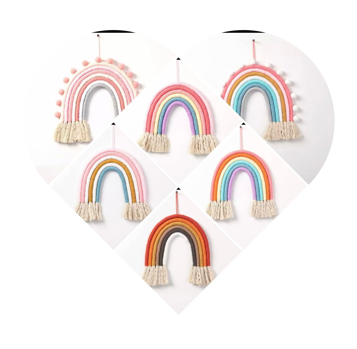A colorful handmade rope rainbow wall hanging, featuring vibrant hues and a chunky design, perfect for nursery decor.