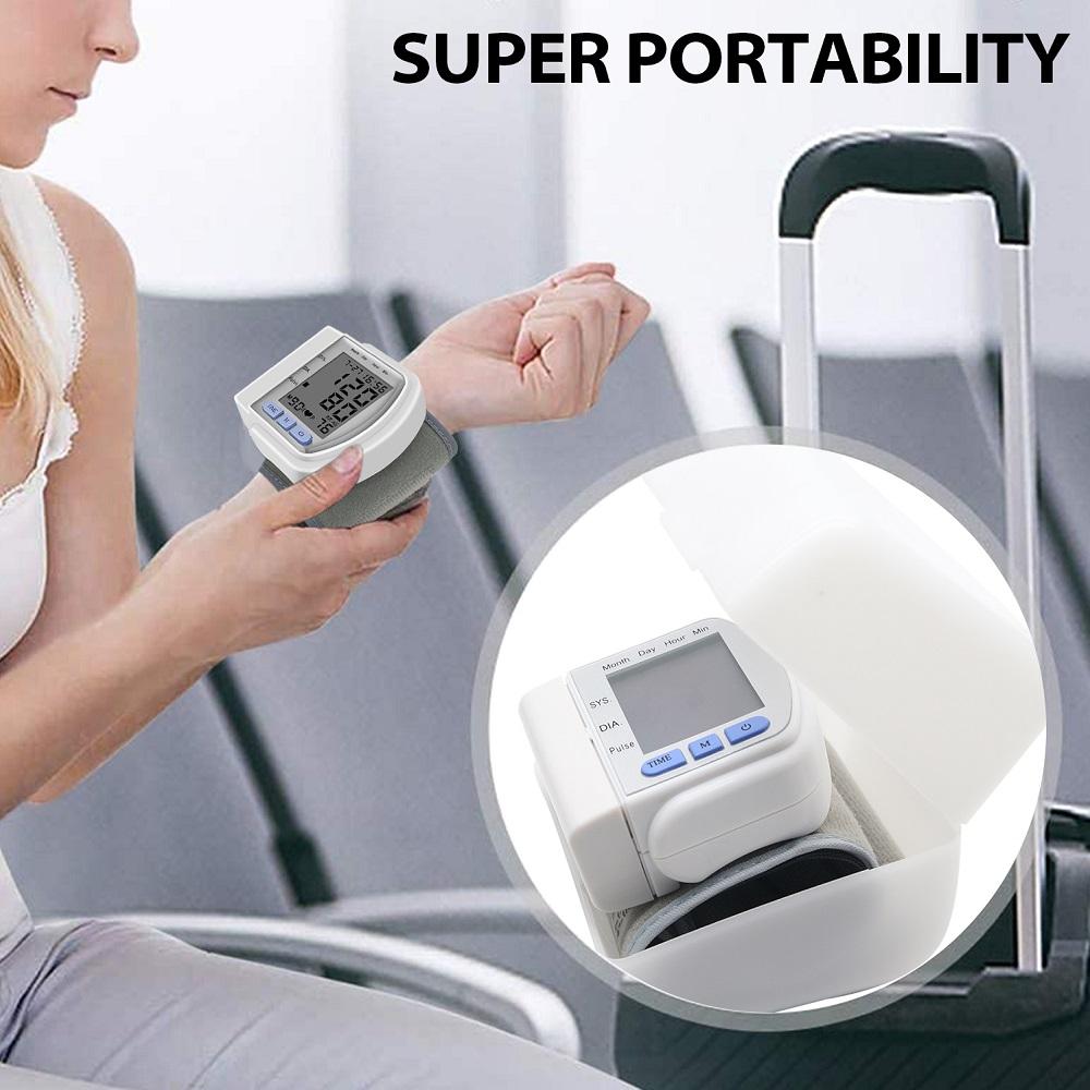 Digital Wrist Blood Pressure Monitor with large LCD display, measuring arterial pressure and pulse rate, designed for home and clinical use.