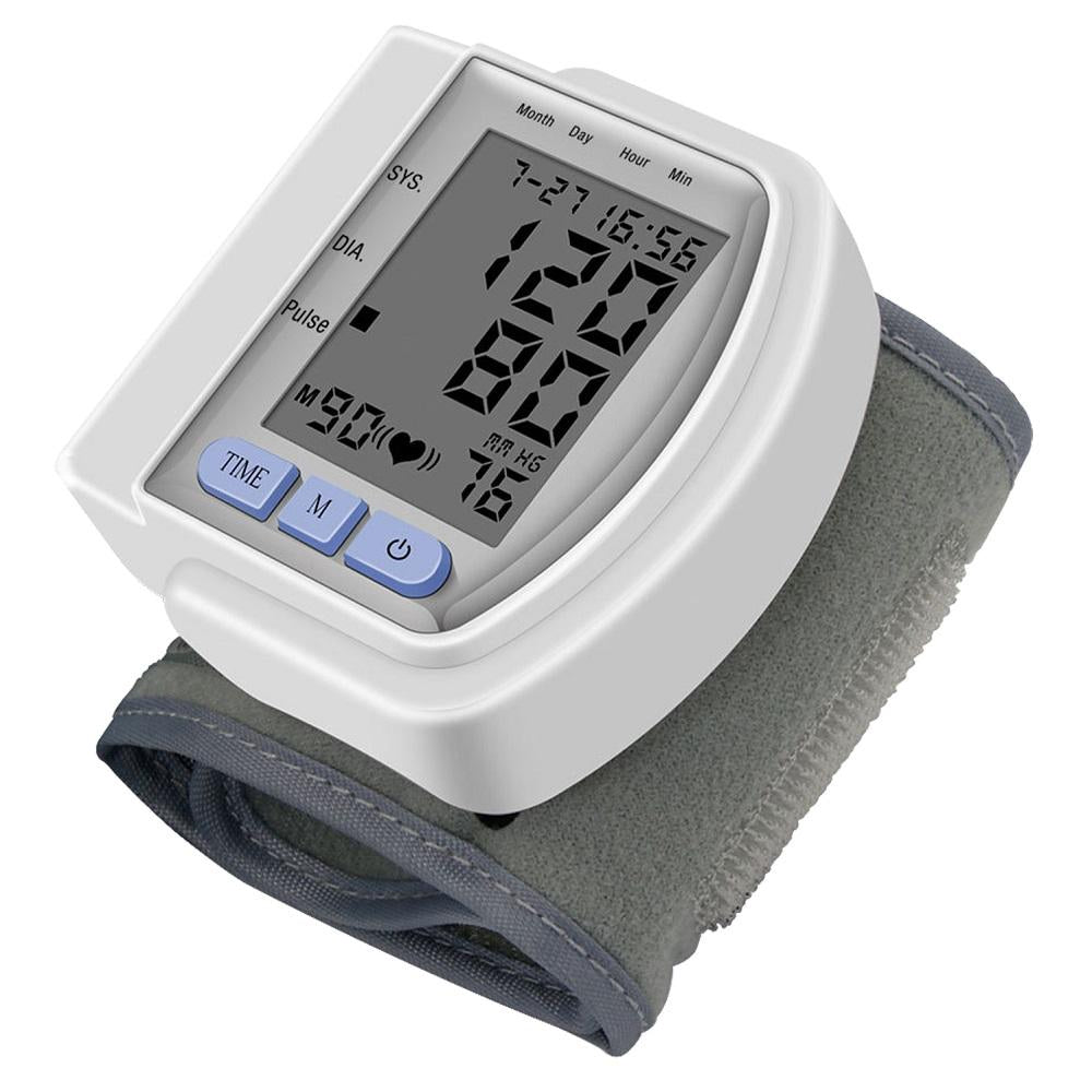Digital Wrist Blood Pressure Monitor with large LCD display, measuring arterial pressure and pulse rate, designed for home and clinical use.