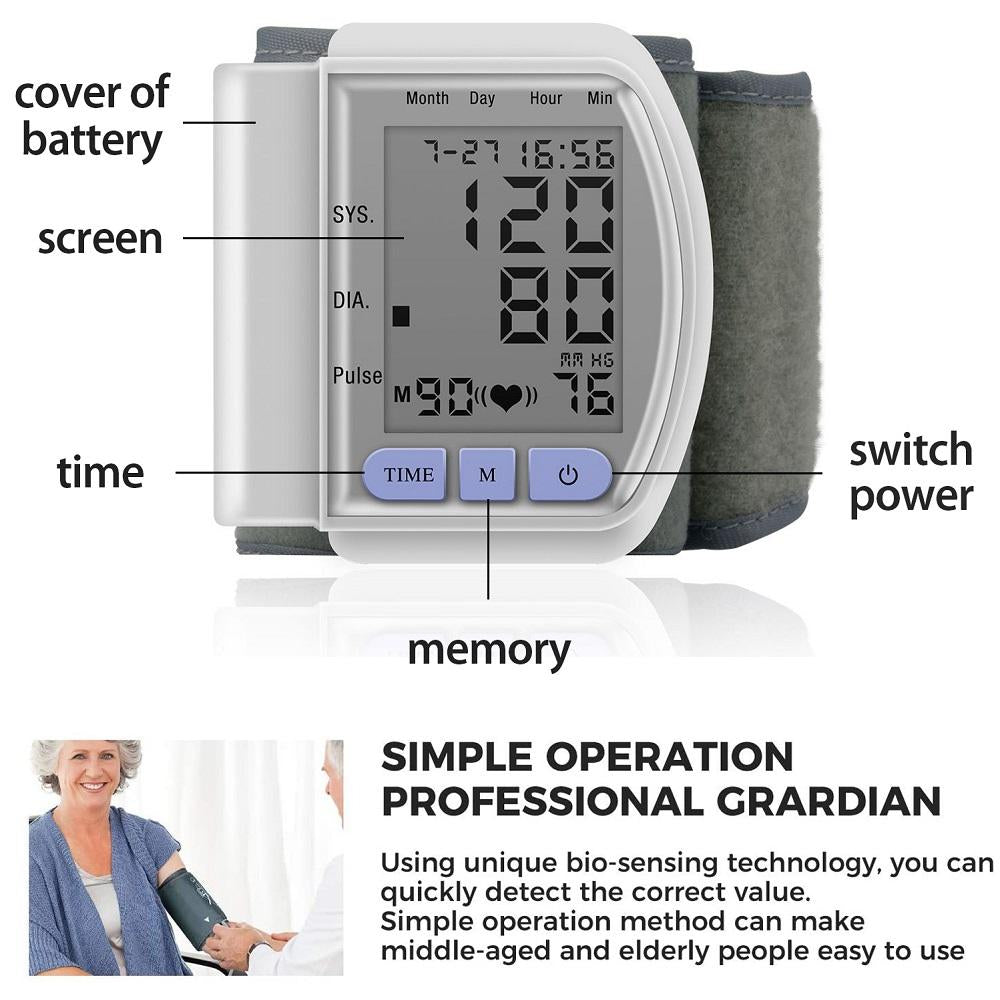 Digital Wrist Blood Pressure Monitor with large LCD display, measuring arterial pressure and pulse rate, designed for home and clinical use.