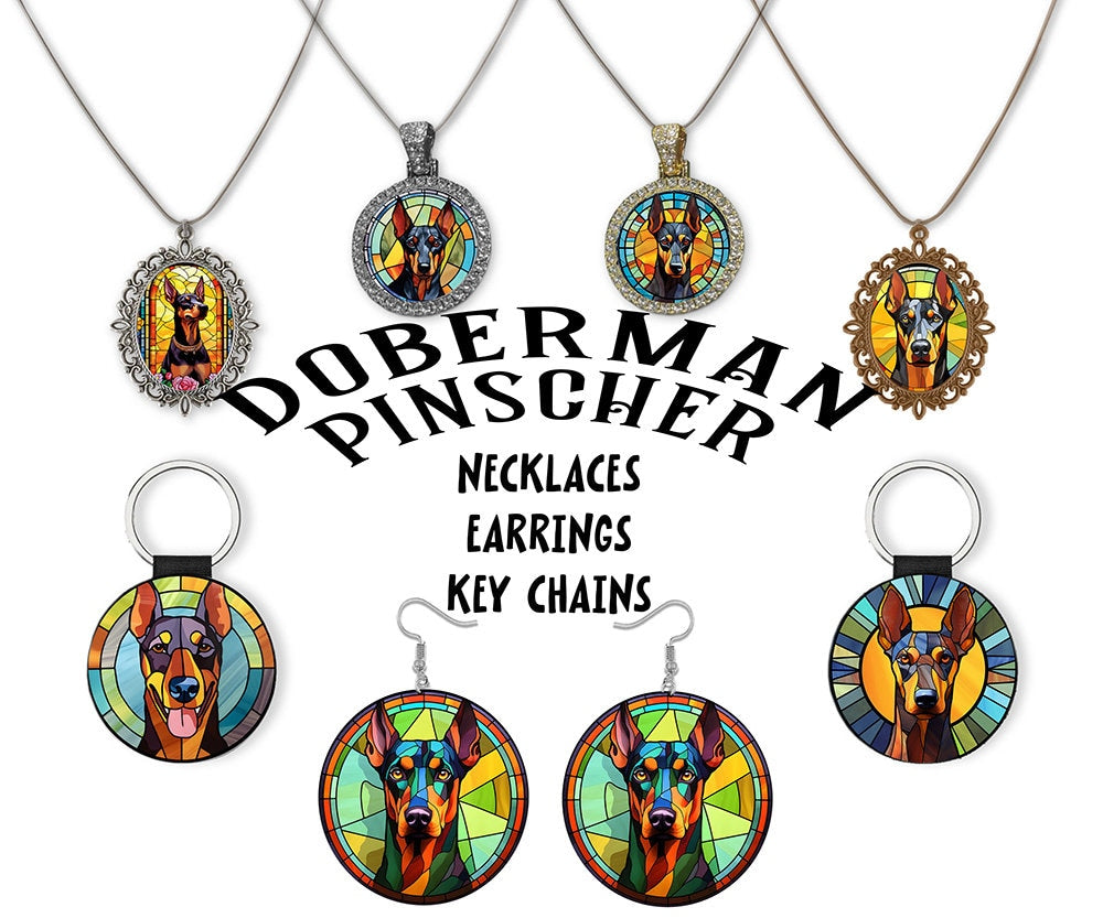 Stained glass style jewelry featuring Doberman Pinscher designs in silver and gold options.