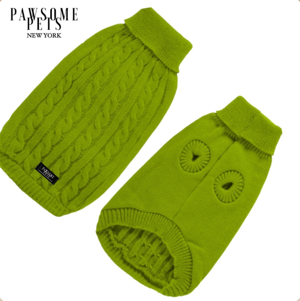 A cozy avocado-colored cable knit sweater for dogs and cats, showcasing its soft texture and stylish design.