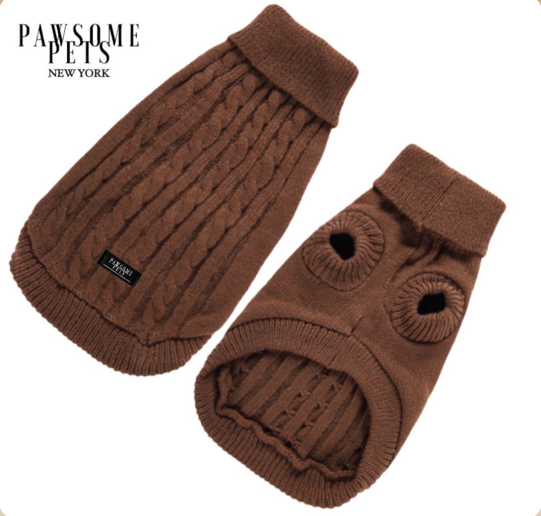 A cozy brown cable knit sweater designed for dogs and cats, showcasing its soft texture and stylish design.