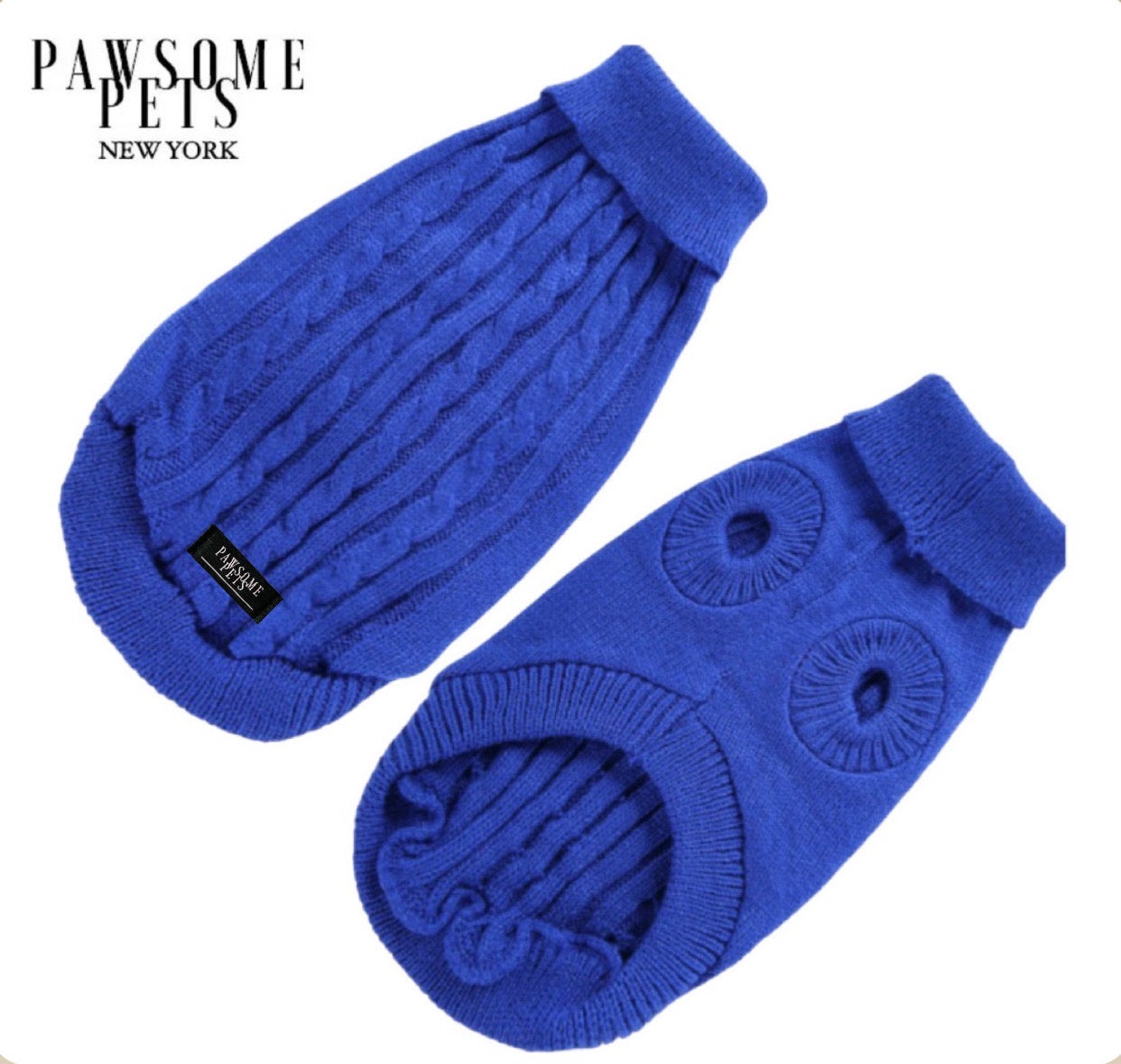 A dark blue cable knit sweater designed for dogs and cats, showcasing its soft texture and stylish design.