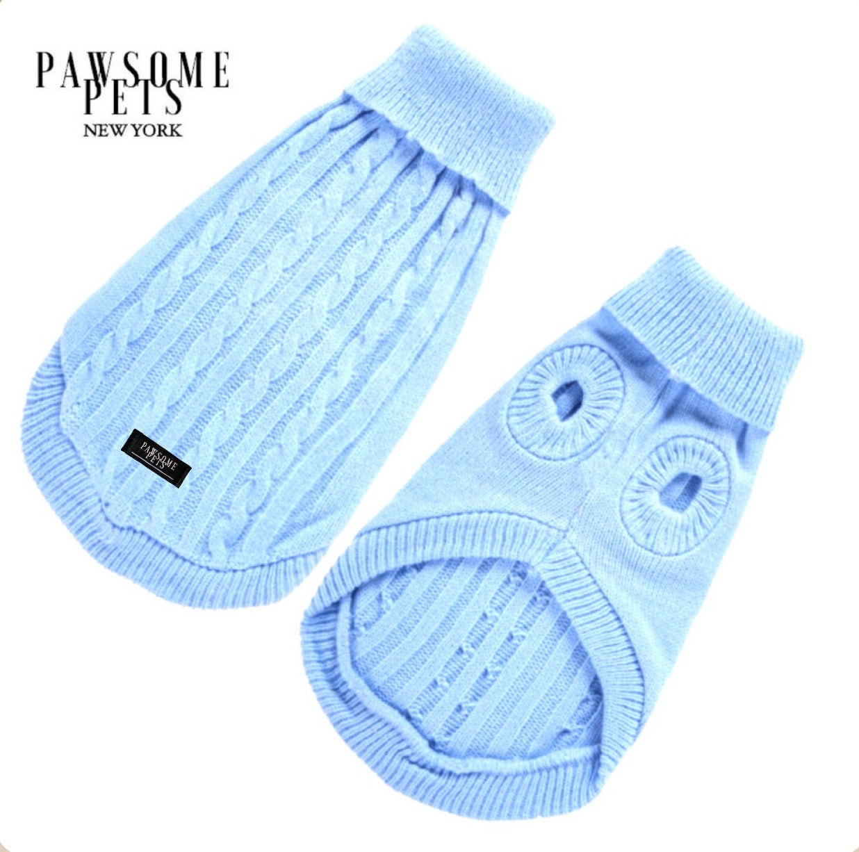 Light blue cable knit sweater for dogs and cats, showcasing a soft and stretchy design perfect for cold weather.