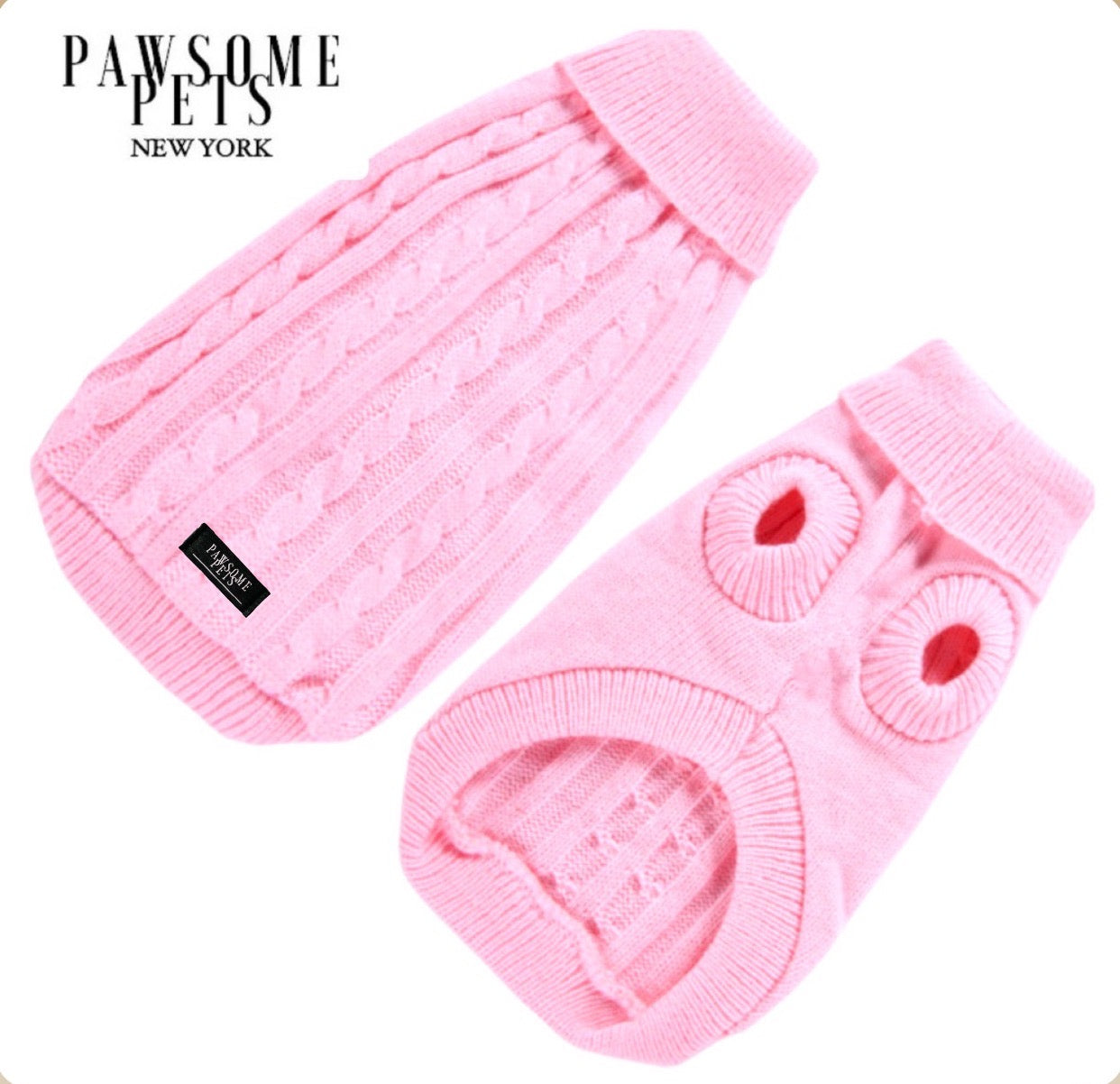 Light pink cable knit sweater for dogs and cats, featuring a soft and stretchy design for comfort and warmth.