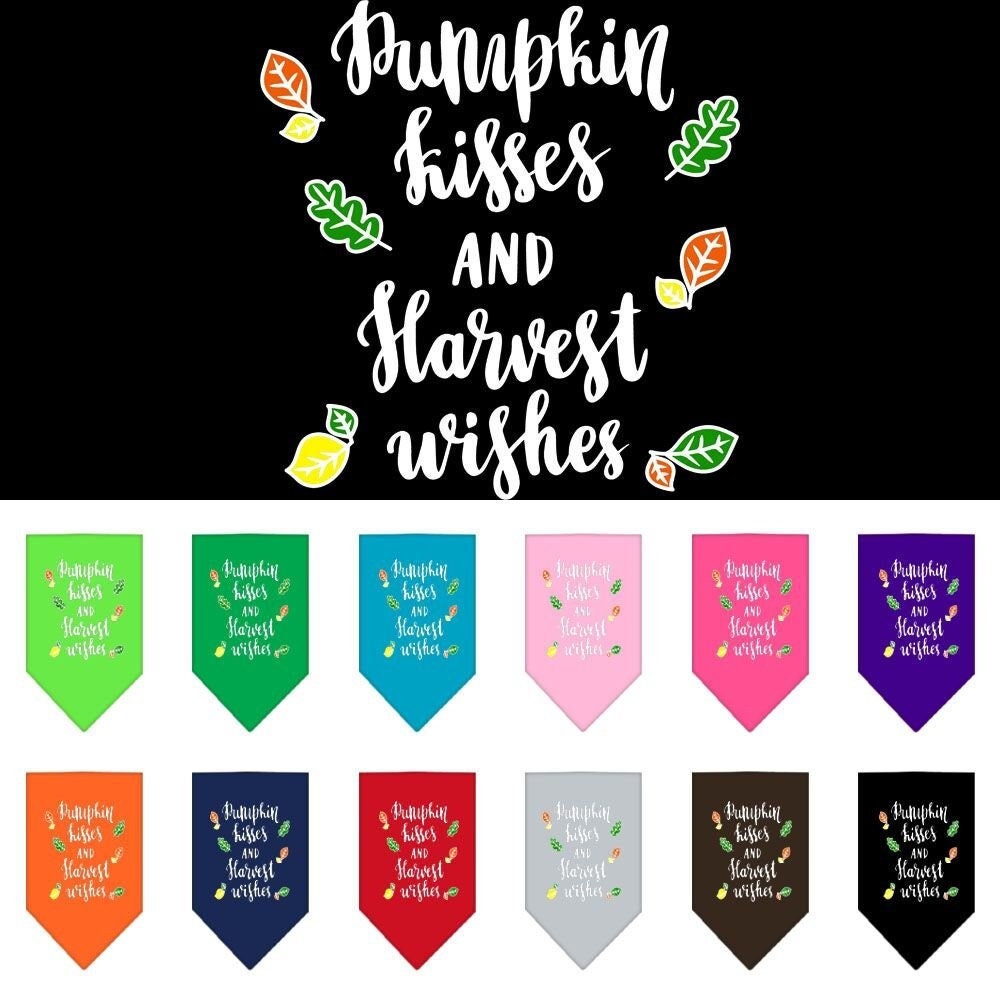 A stylish dog bandana featuring the phrase 'Pumpkin Kisses & Harvest Wishes' in vibrant colors, perfect for autumn.