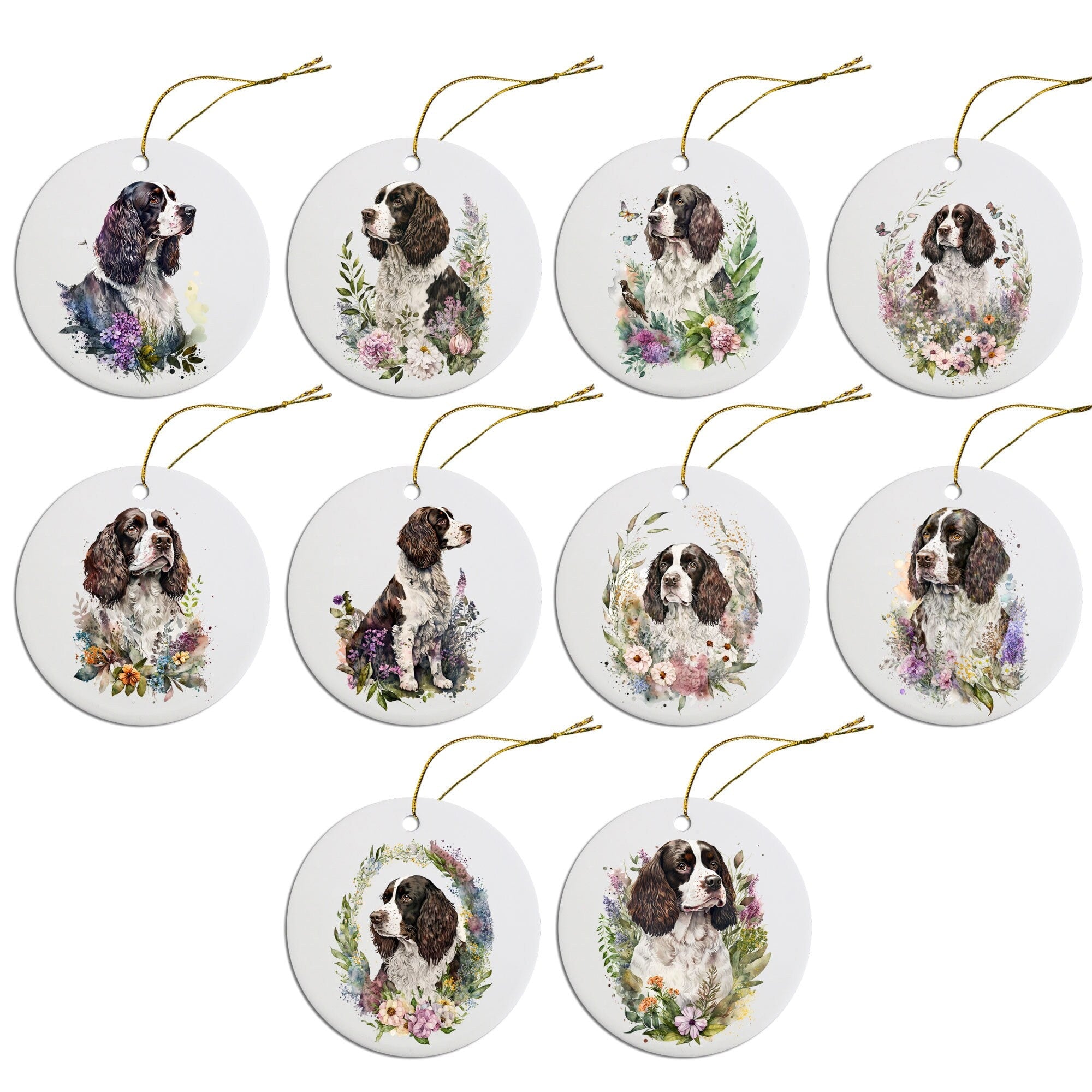 Ceramic Christmas ornament featuring an English Springer Spaniel design, with a golden string for hanging.