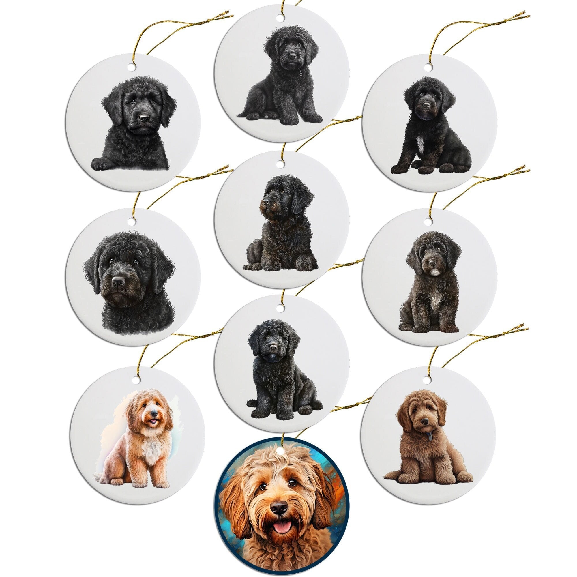 Ceramic Labradoodle Christmas ornament with golden string, showcasing a cute Labradoodle design.