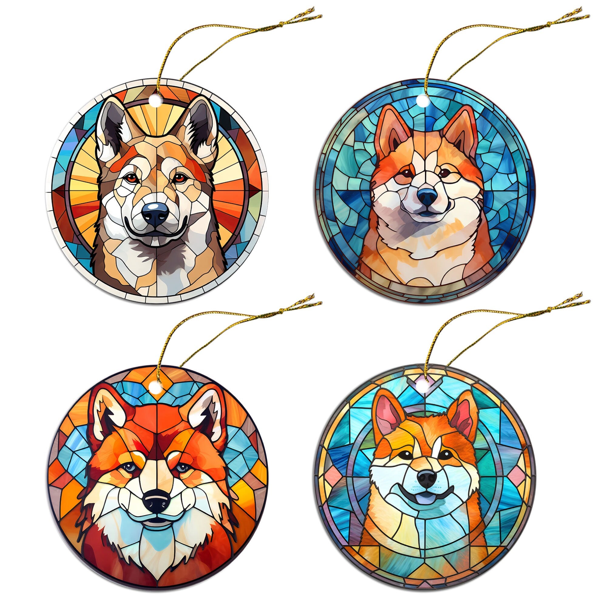 Stained glass style Christmas ornament featuring an Akita dog breed design, with a golden string for hanging.