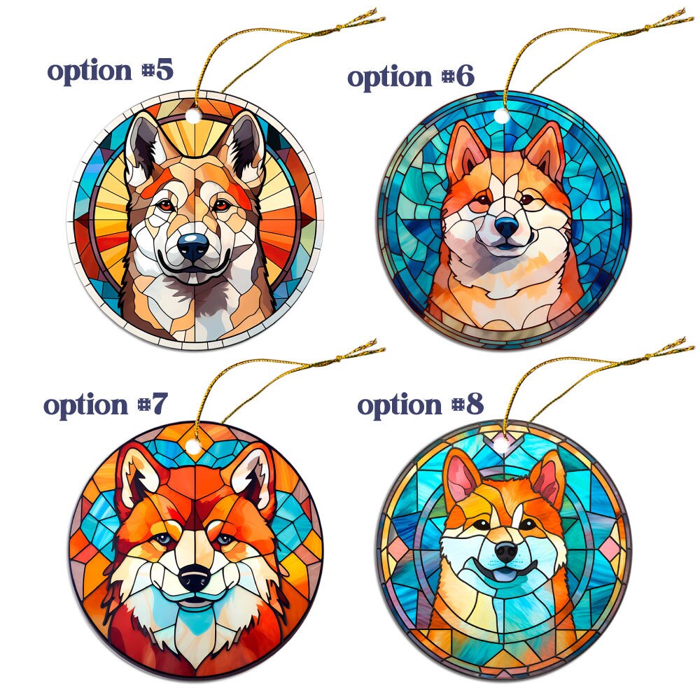 Stained glass style Christmas ornament featuring an Akita dog breed design, with a golden string for hanging.