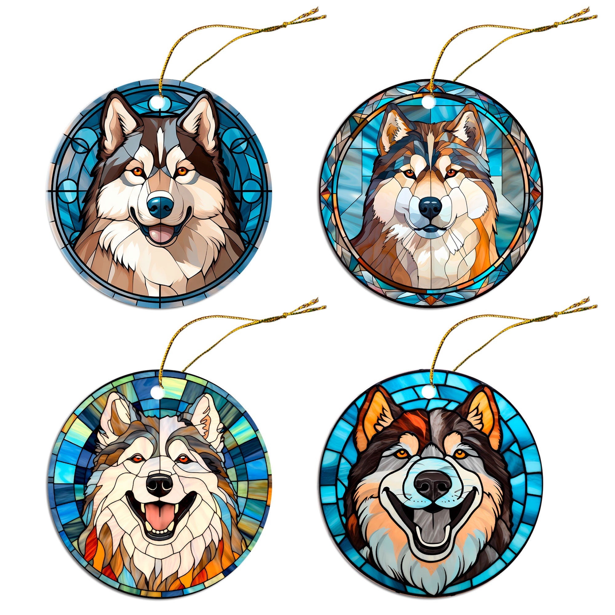 Stained glass style Christmas ornament featuring an Alaskan Malamute, beautifully crafted from ceramic with a golden string.