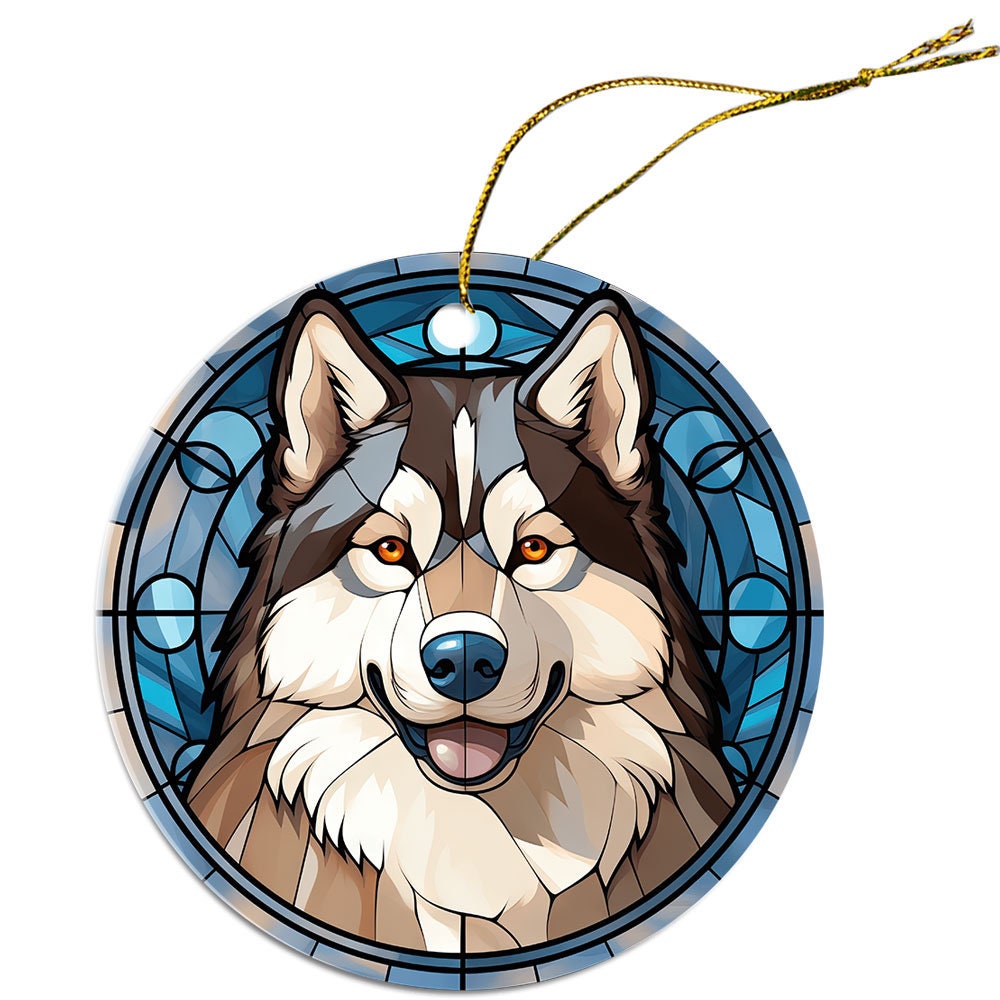 Stained glass style Christmas ornament featuring an Alaskan Malamute, beautifully crafted from ceramic with a golden string.