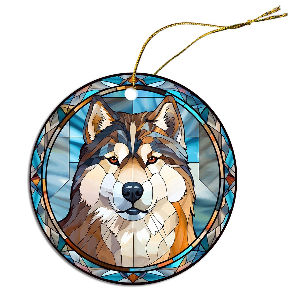 Stained glass style Christmas ornament featuring an Alaskan Malamute, beautifully crafted from ceramic with a golden string.