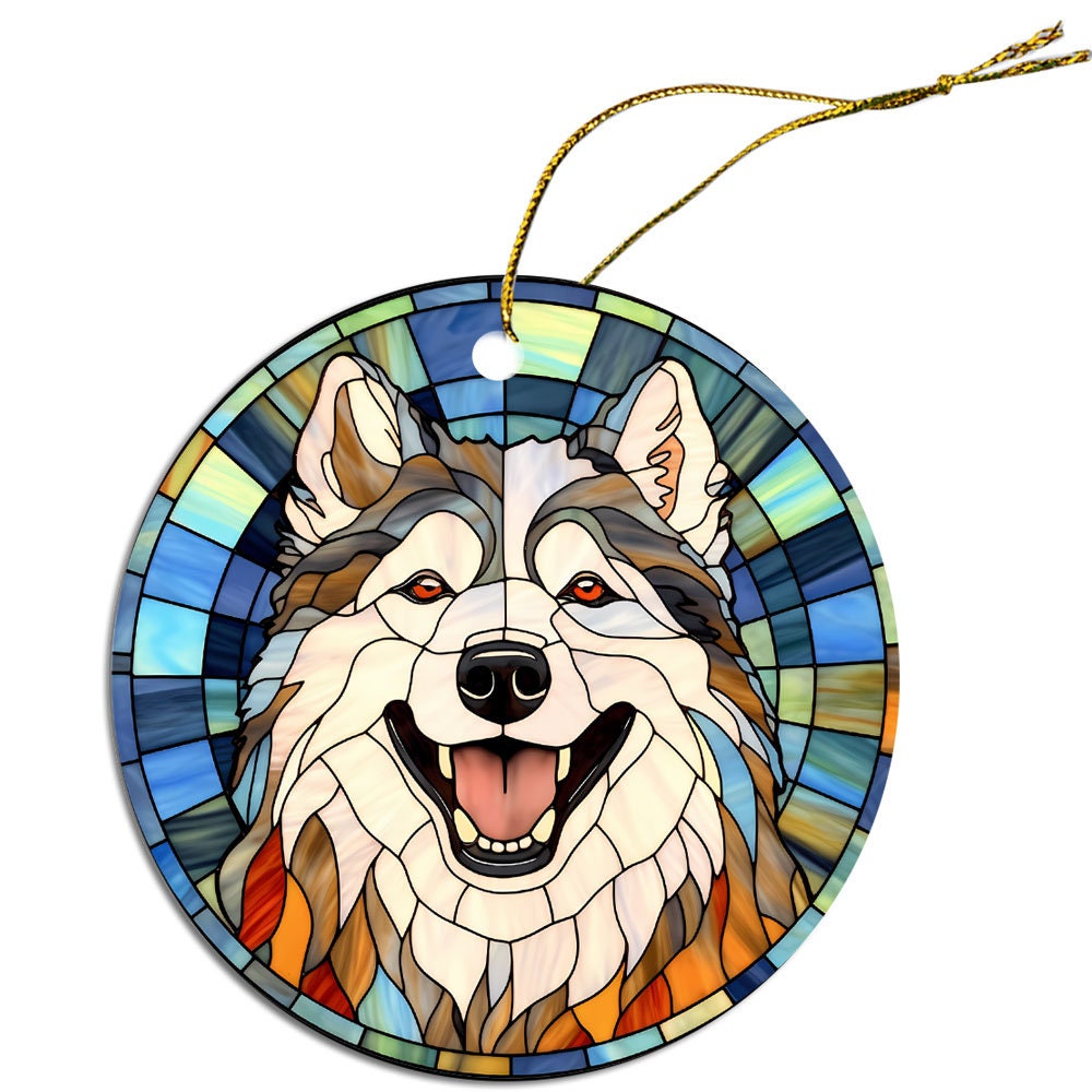 Stained glass style Christmas ornament featuring an Alaskan Malamute, beautifully crafted from ceramic with a golden string.