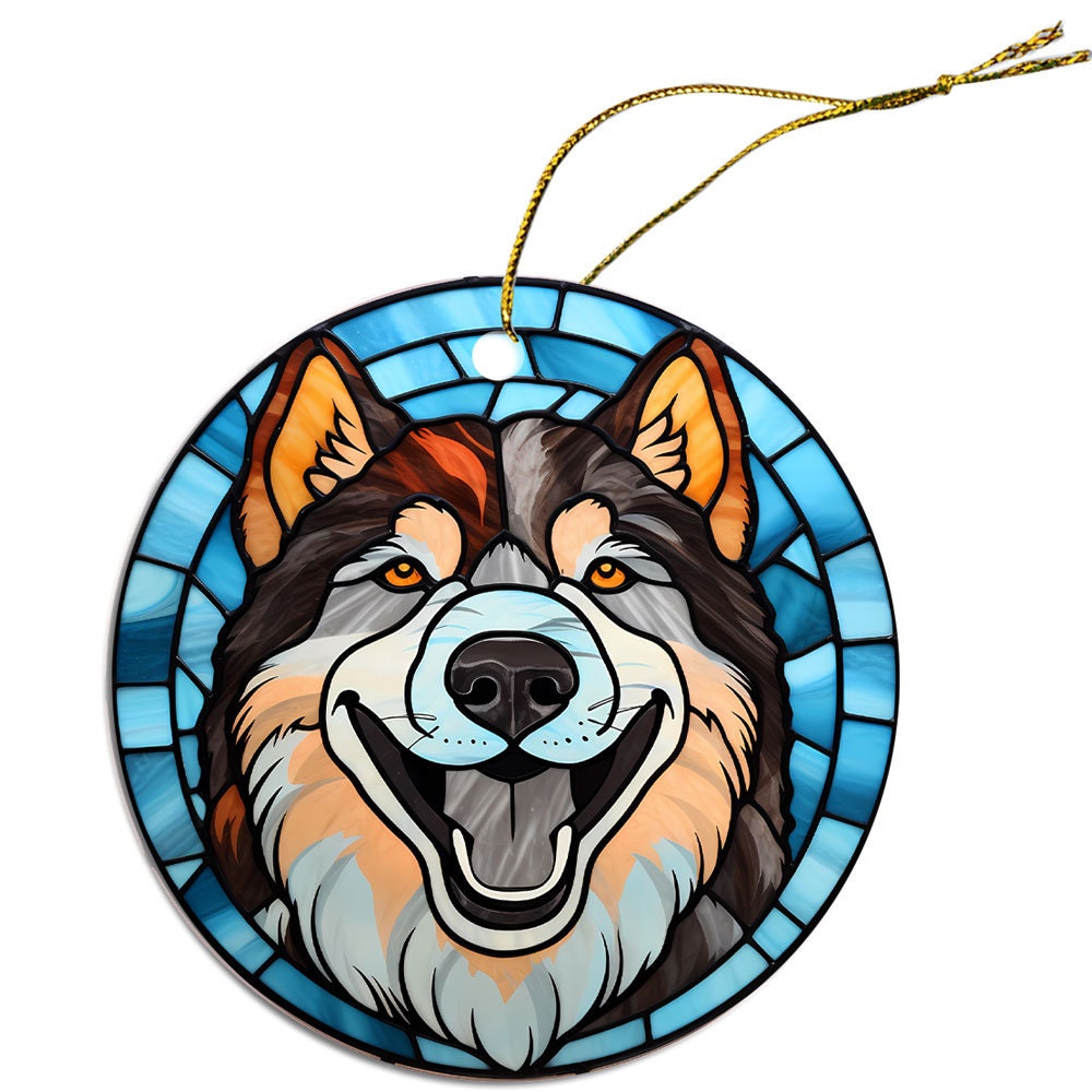 Stained glass style Christmas ornament featuring an Alaskan Malamute, beautifully crafted from ceramic with a golden string.
