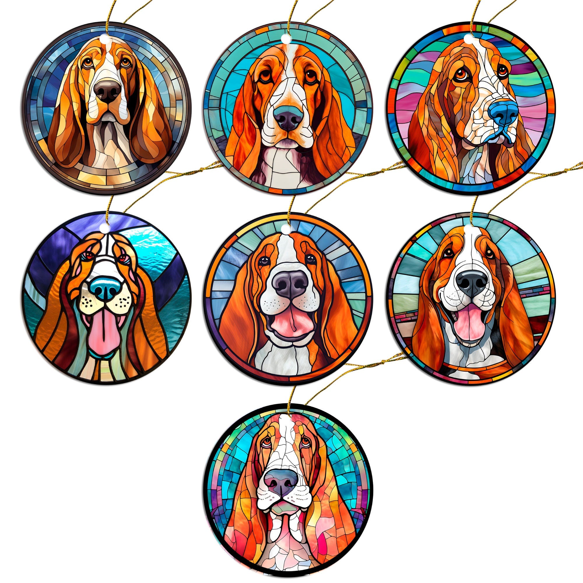 Stained glass style Christmas ornament featuring a Basset Hound, elegantly designed with vibrant colors and a golden string.