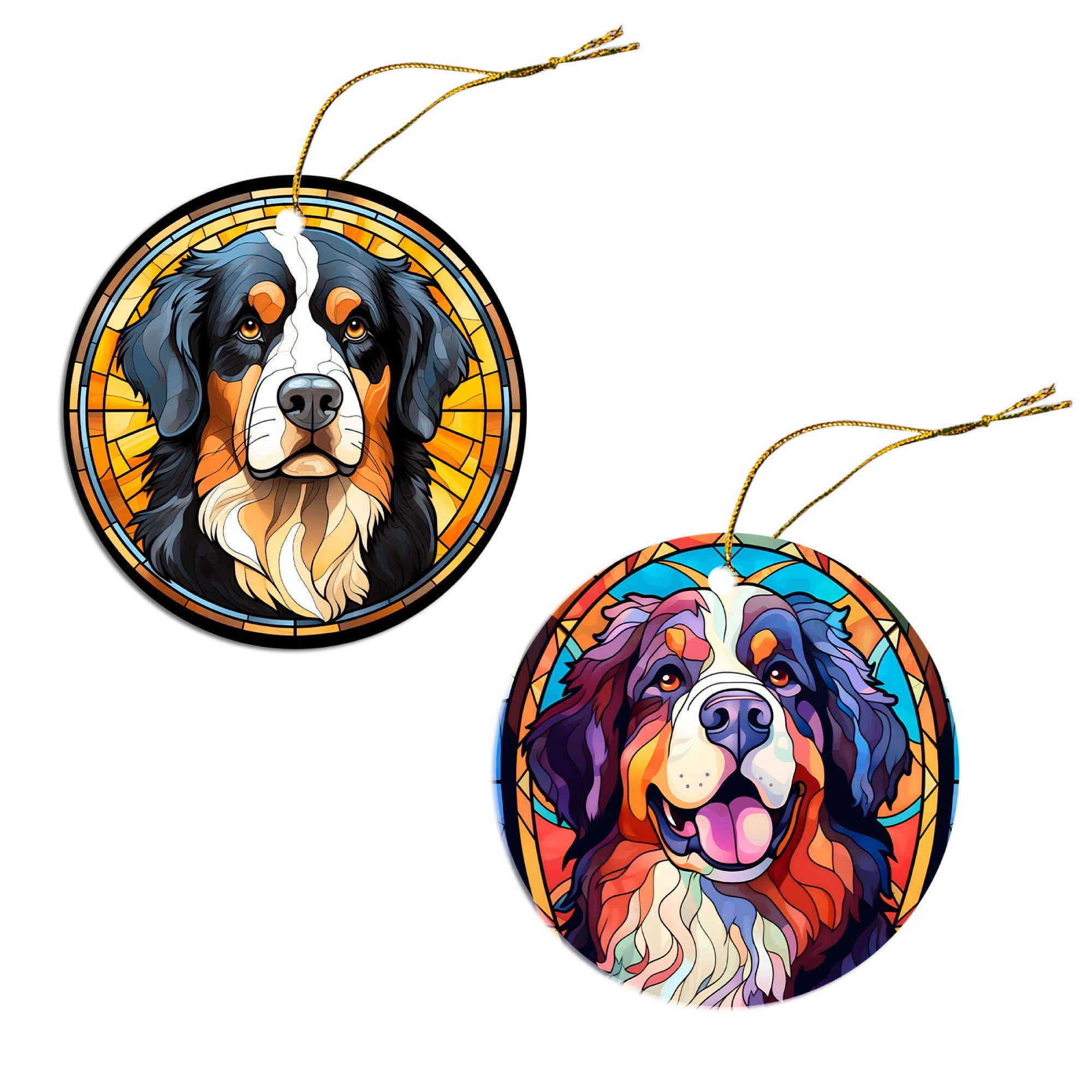 Stained glass style Christmas ornament featuring a Bernese Mountain Dog, elegantly designed with a golden string.