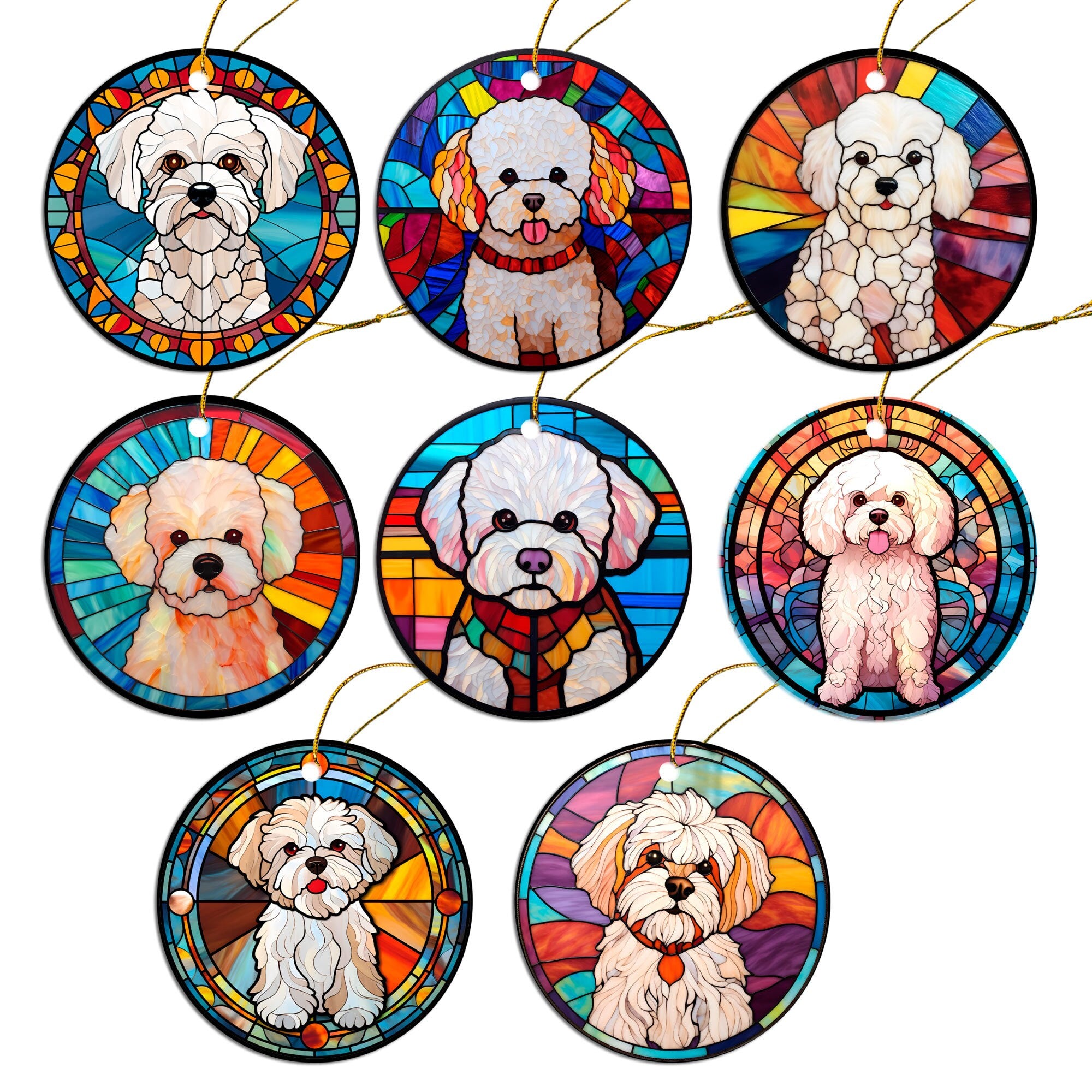 Stained glass style Christmas ornament featuring a Bichon Frise dog, elegantly designed with vibrant colors.