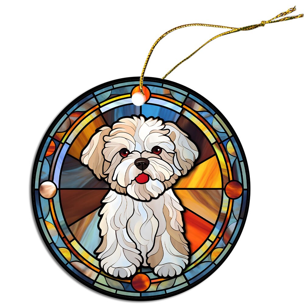 Stained glass style Christmas ornament featuring a Bichon Frise dog, elegantly designed with vibrant colors.