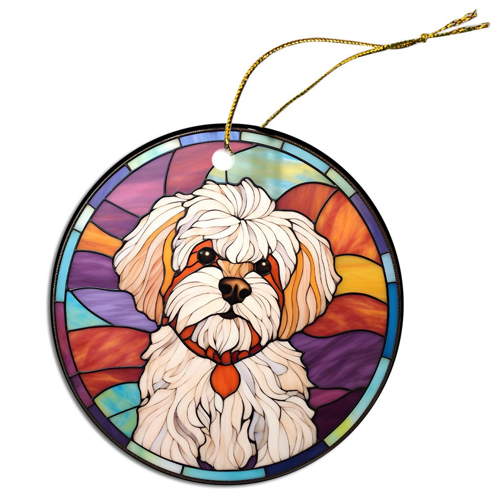 Stained glass style Christmas ornament featuring a Bichon Frise dog, elegantly designed with vibrant colors.