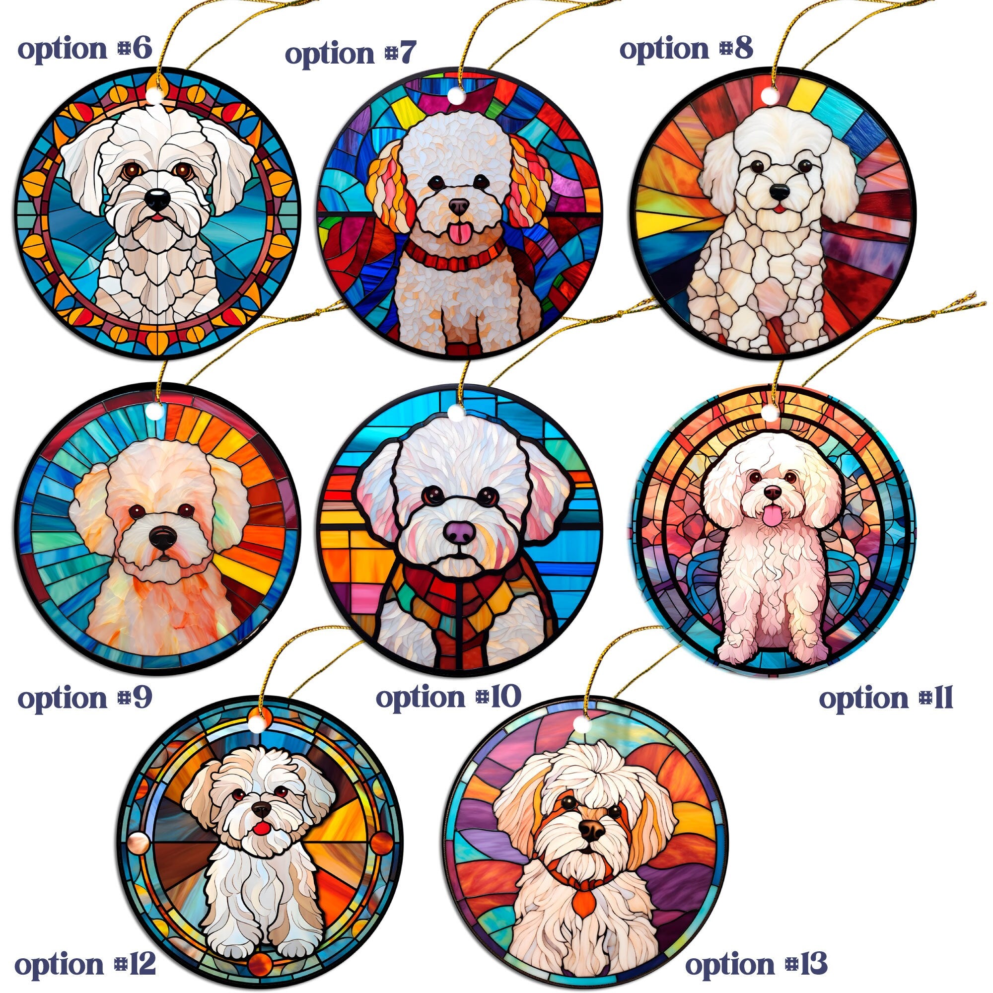 Stained glass style Christmas ornament featuring a Bichon Frise dog, elegantly designed with vibrant colors.
