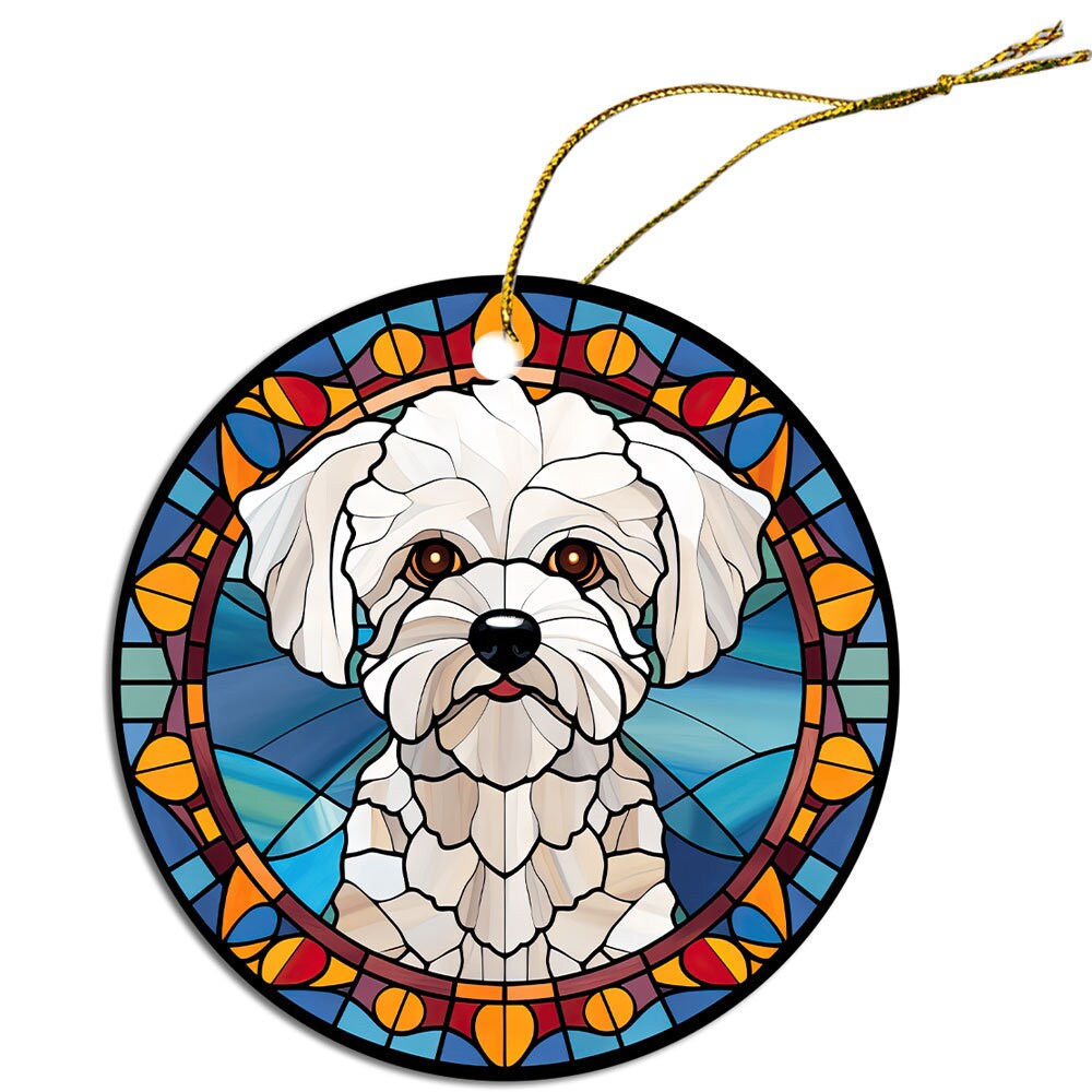 Stained glass style Christmas ornament featuring a Bichon Frise dog, elegantly designed with vibrant colors.