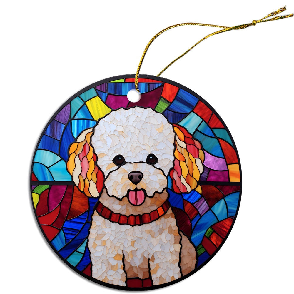 Stained glass style Christmas ornament featuring a Bichon Frise dog, elegantly designed with vibrant colors.