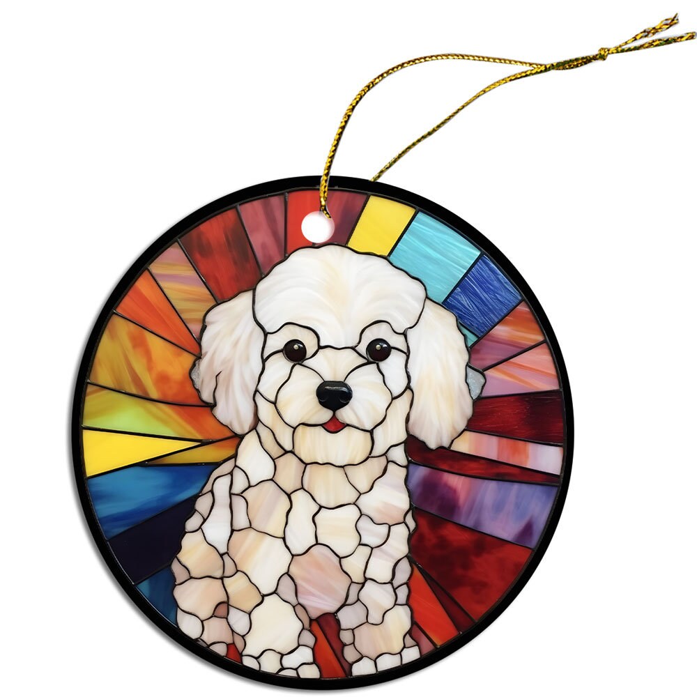Stained glass style Christmas ornament featuring a Bichon Frise dog, elegantly designed with vibrant colors.