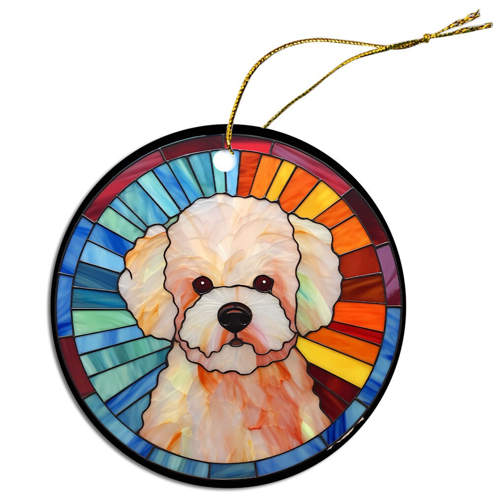 Stained glass style Christmas ornament featuring a Bichon Frise dog, elegantly designed with vibrant colors.