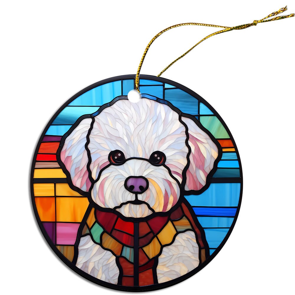 Stained glass style Christmas ornament featuring a Bichon Frise dog, elegantly designed with vibrant colors.