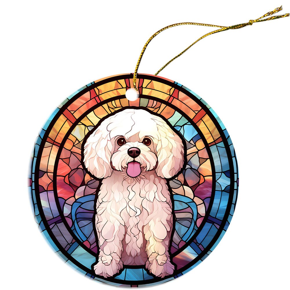 Stained glass style Christmas ornament featuring a Bichon Frise dog, elegantly designed with vibrant colors.