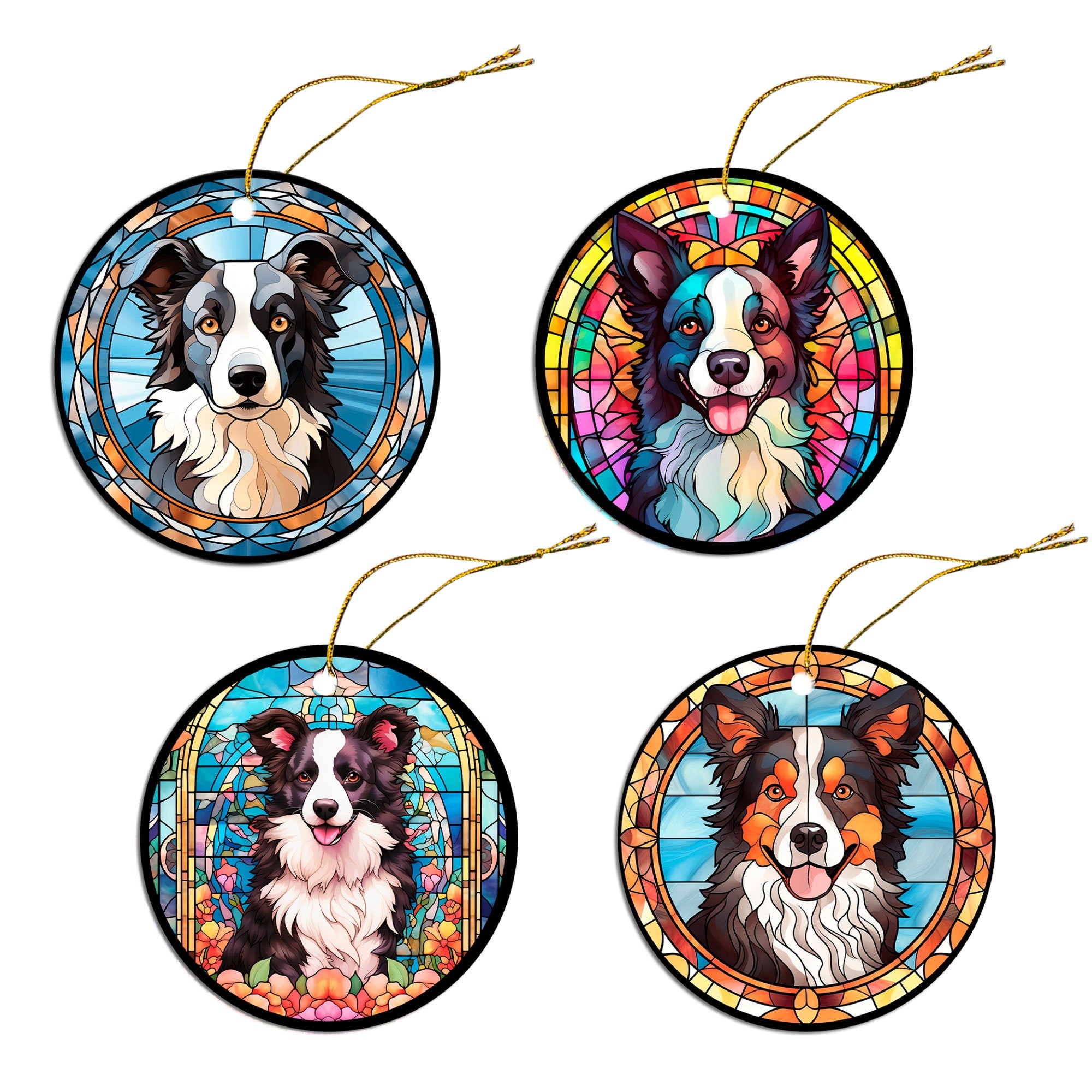 Stained glass style Christmas ornament featuring a Border Collie, showcasing vibrant colors and intricate design.