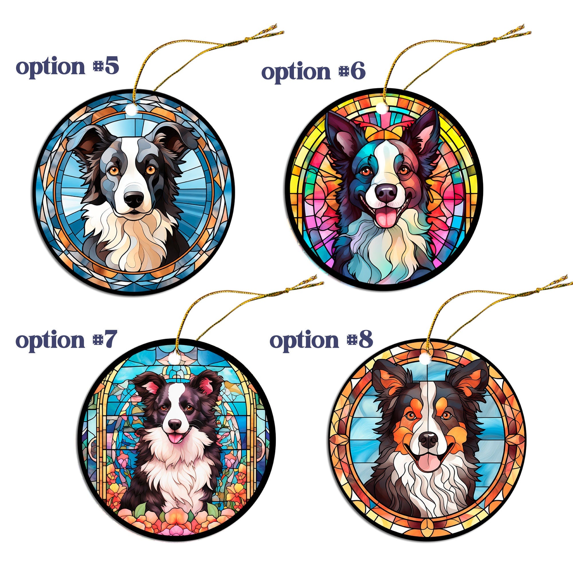 Stained glass style Christmas ornament featuring a Border Collie, showcasing vibrant colors and intricate design.