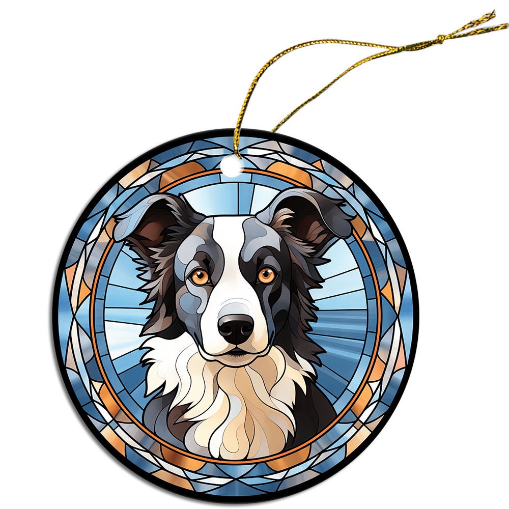 Stained glass style Christmas ornament featuring a Border Collie, showcasing vibrant colors and intricate design.