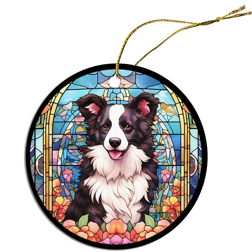 Stained glass style Christmas ornament featuring a Border Collie, showcasing vibrant colors and intricate design.