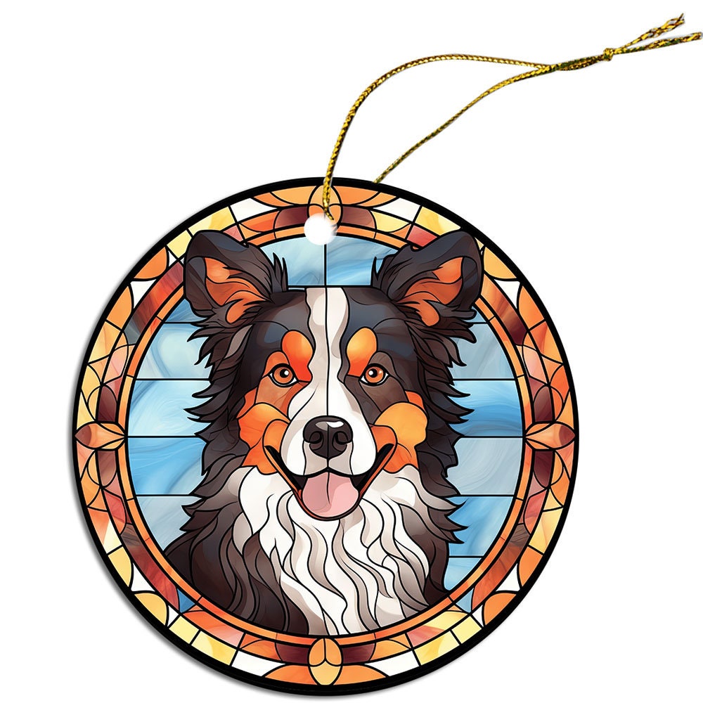Stained glass style Christmas ornament featuring a Border Collie, showcasing vibrant colors and intricate design.