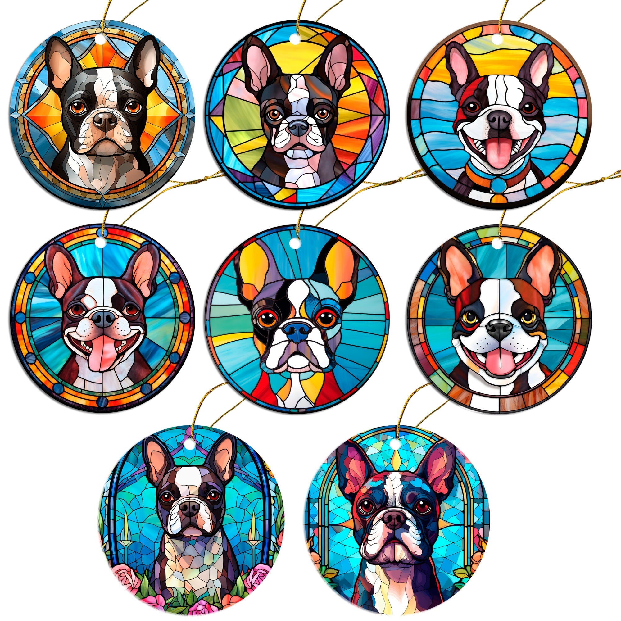 Stained glass style Christmas ornament featuring a Boston Terrier, elegantly designed with vibrant colors and a golden hanging string.