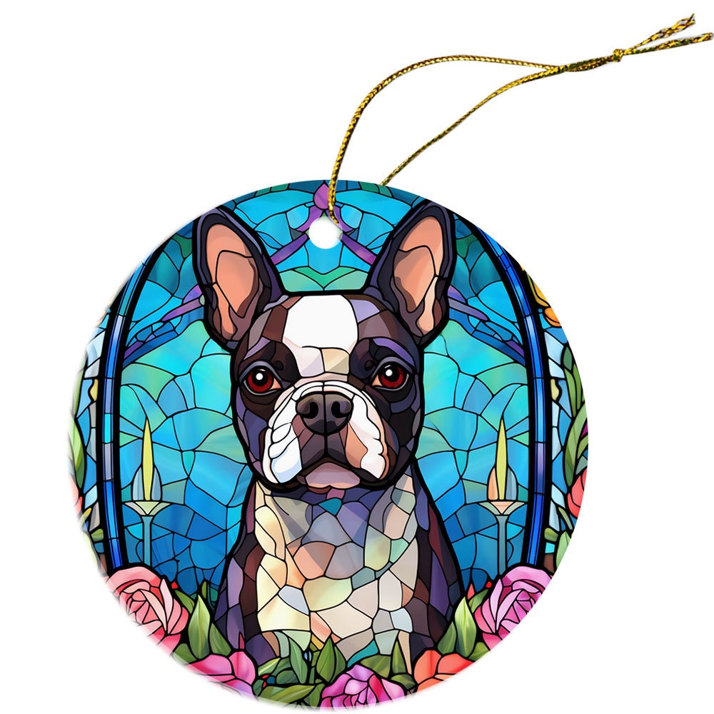 Stained glass style Christmas ornament featuring a Boston Terrier, elegantly designed with vibrant colors and a golden hanging string.