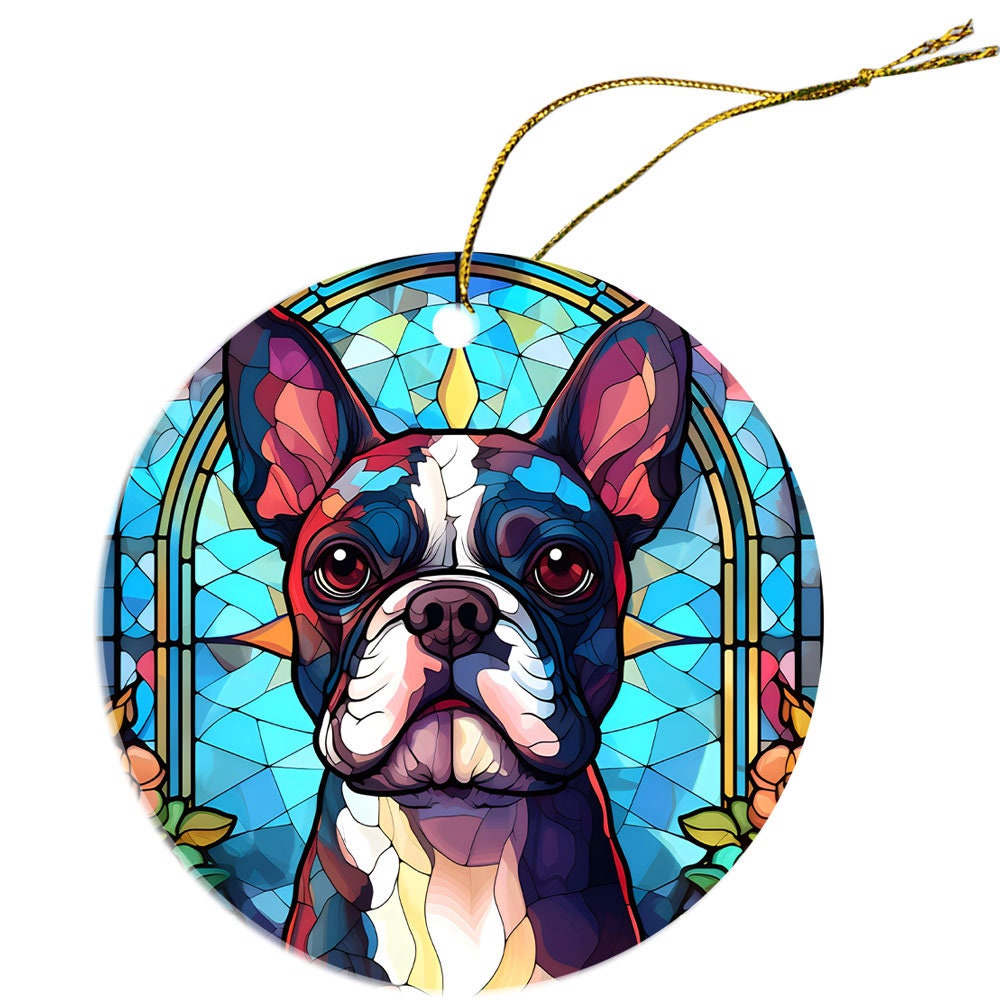 Stained glass style Christmas ornament featuring a Boston Terrier, elegantly designed with vibrant colors and a golden hanging string.