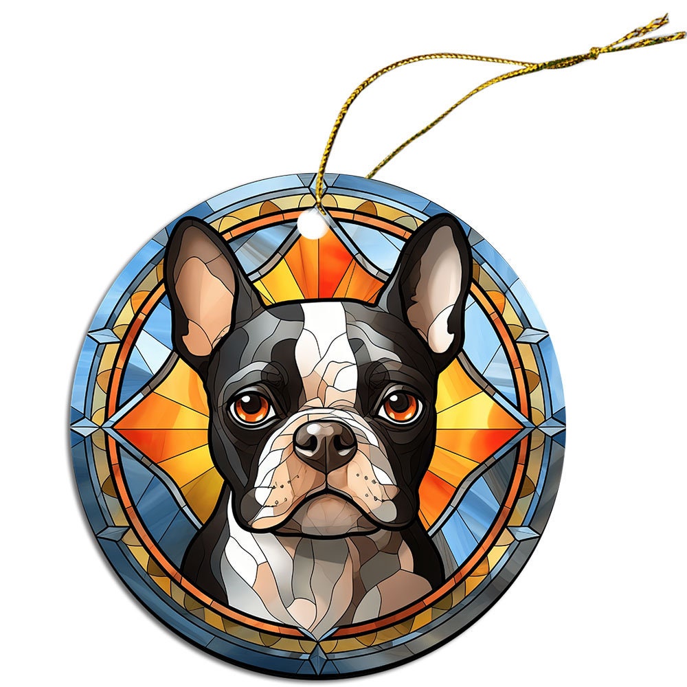 Stained glass style Christmas ornament featuring a Boston Terrier, elegantly designed with vibrant colors and a golden hanging string.