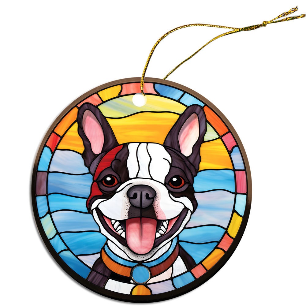 Stained glass style Christmas ornament featuring a Boston Terrier, elegantly designed with vibrant colors and a golden hanging string.