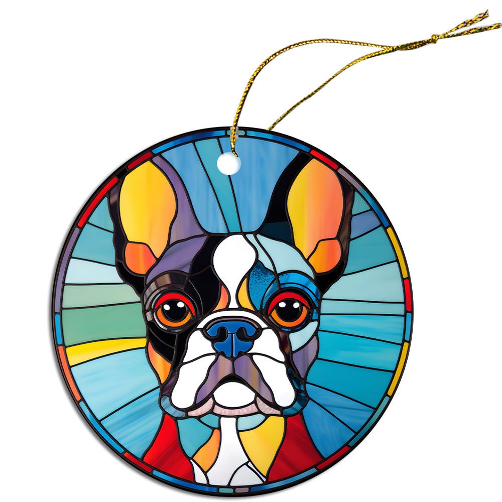 Stained glass style Christmas ornament featuring a Boston Terrier, elegantly designed with vibrant colors and a golden hanging string.