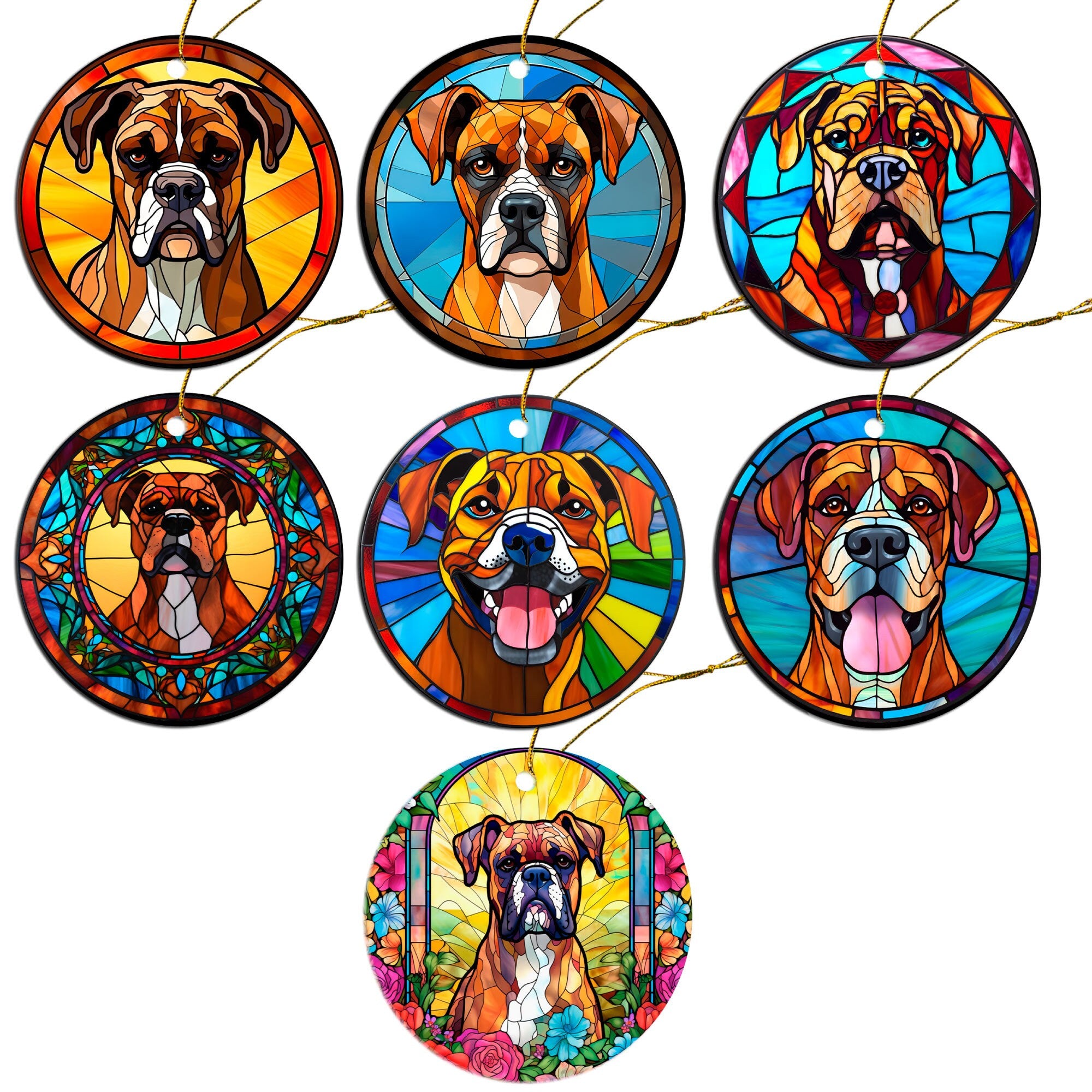 Stained glass style Christmas ornament featuring a Boxer dog, elegantly designed with vibrant colors and a golden hanging string.