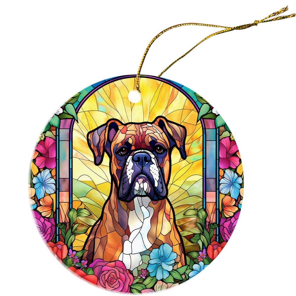 Stained glass style Christmas ornament featuring a Boxer dog, elegantly designed with vibrant colors and a golden hanging string.