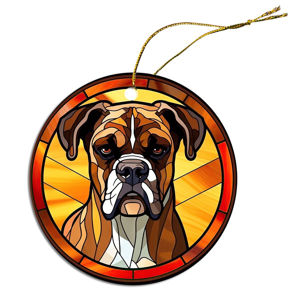 Stained glass style Christmas ornament featuring a Boxer dog, elegantly designed with vibrant colors and a golden hanging string.